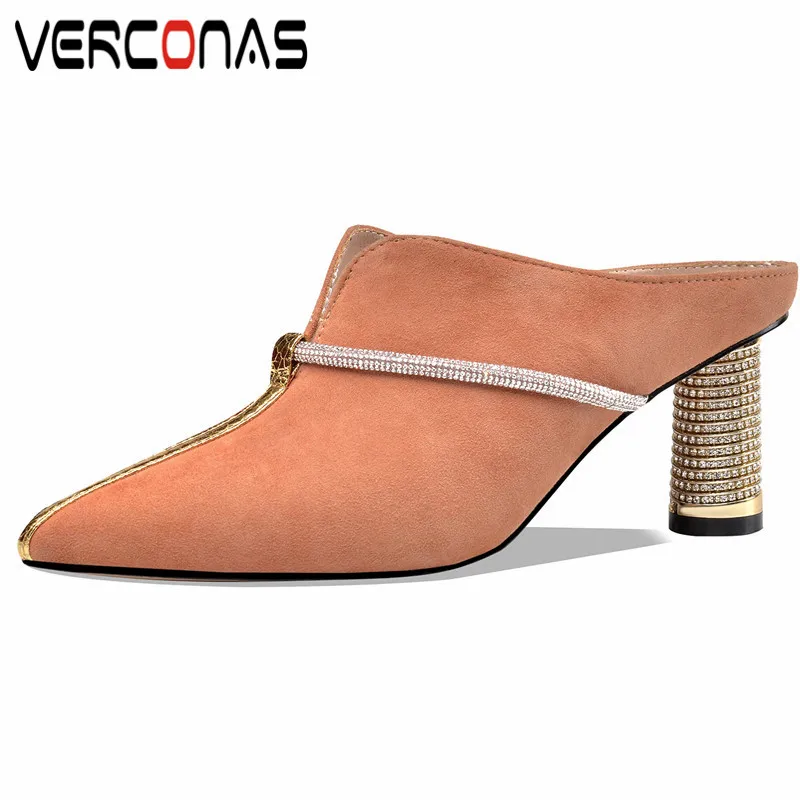 

VERCONAS Mules Woman Sandals High Quality Woman Pumps Summer Kid Suede Crystal Decoration Pointed Toe Round Heeled Shoes Woman