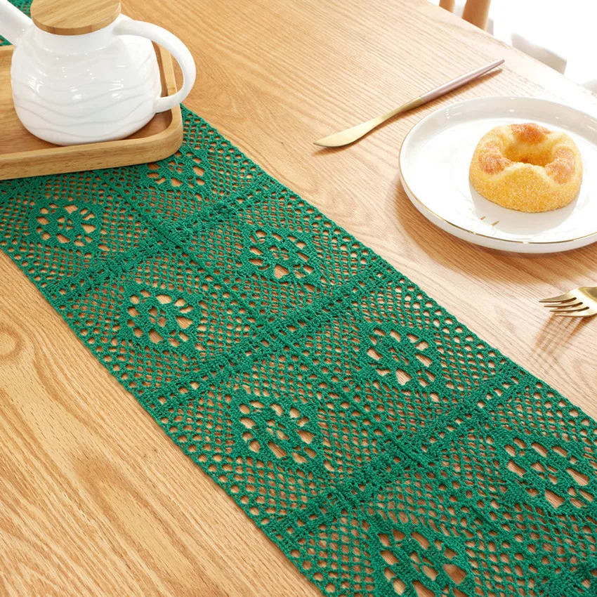 

Pastoral Handmade Lace Tassel Table Runner Country Crochet Knitting Dustproof Hollow Cotton Polyester Rectangle Table Cloth