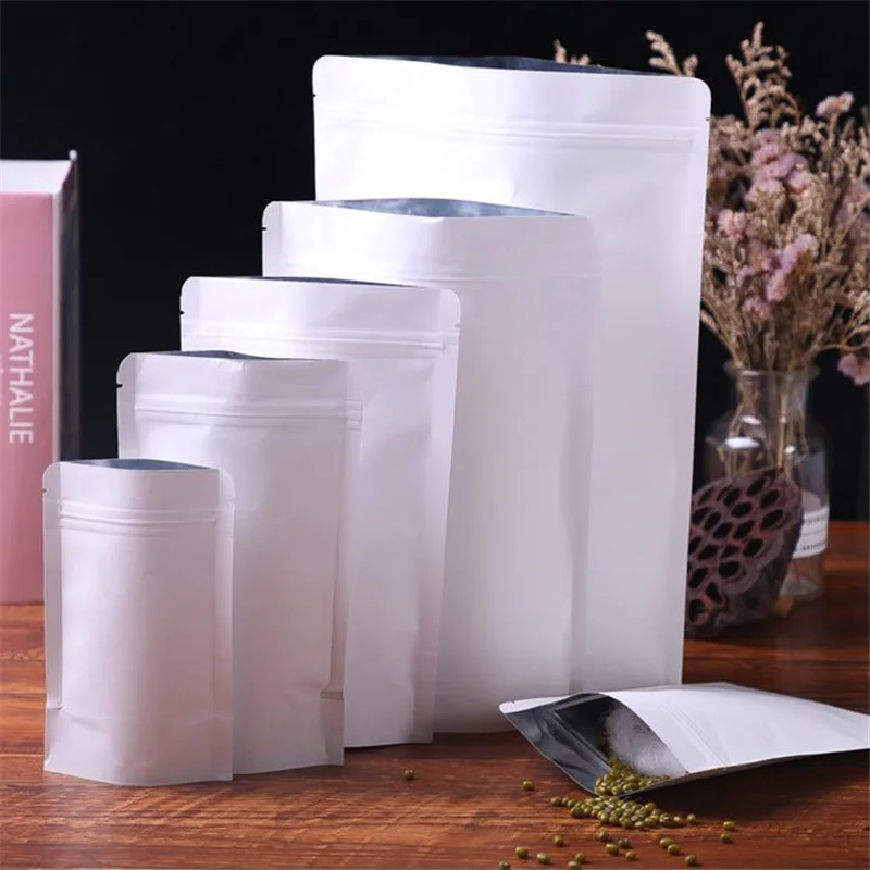 

White Kraft Paper Stand Up Pouch With Zipper Aluminum Foil Zip Lock Bag Resealable Coffee Tea Food Packaging Storage Bags