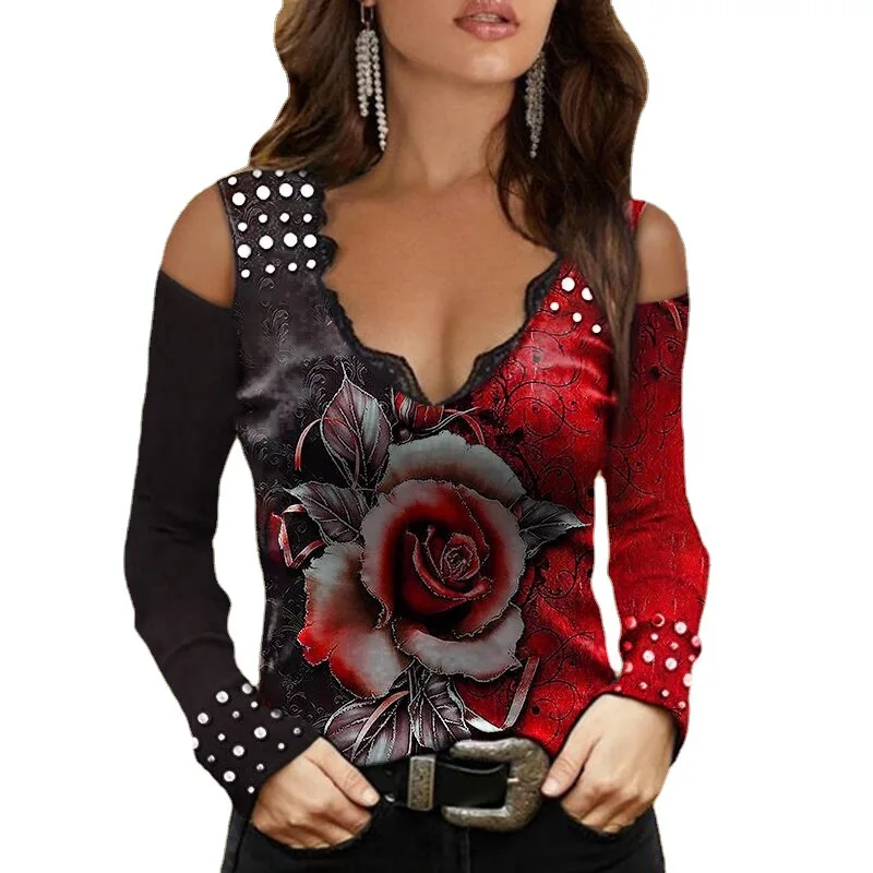 

2021 Women New Off-Shoulder Color Matching Rose Print Women's Long-Sleeved T-Shirt Fashion Casual Loose Clothing