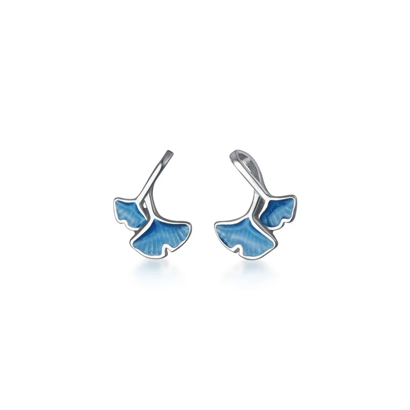 

Real 925 Sterling Silver Ginkgo Biloba Stud Earrings Cute Blue Leaves Earring for Women Girls