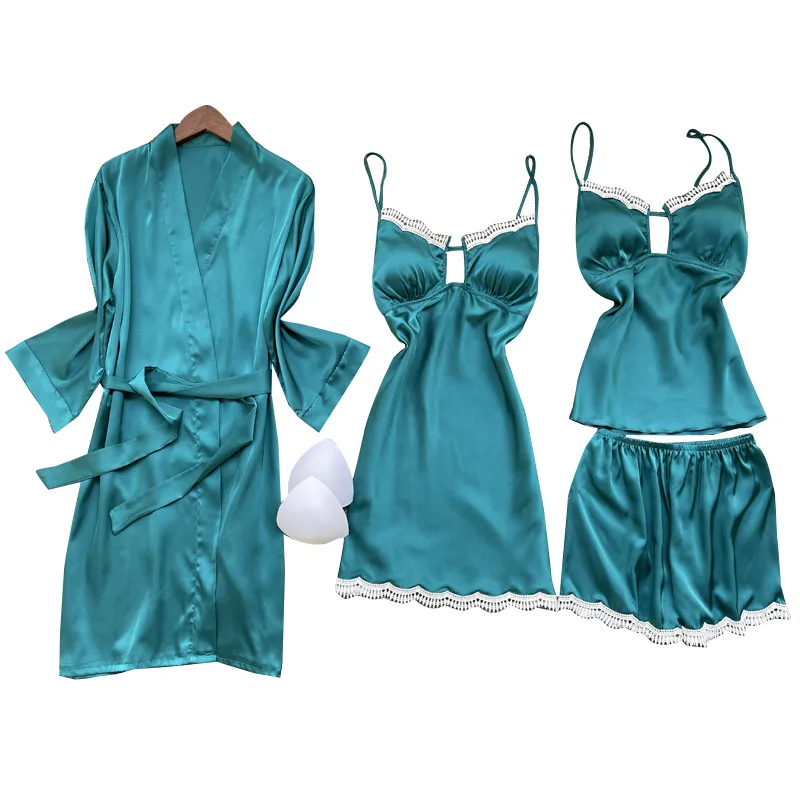 

Lady Sweet Lace Trim 4PCS Pajamas Suit Blue Sexy Strap Top&Short Nightwear Casual Satin Sleepwear Spring Summer New Home Clothes