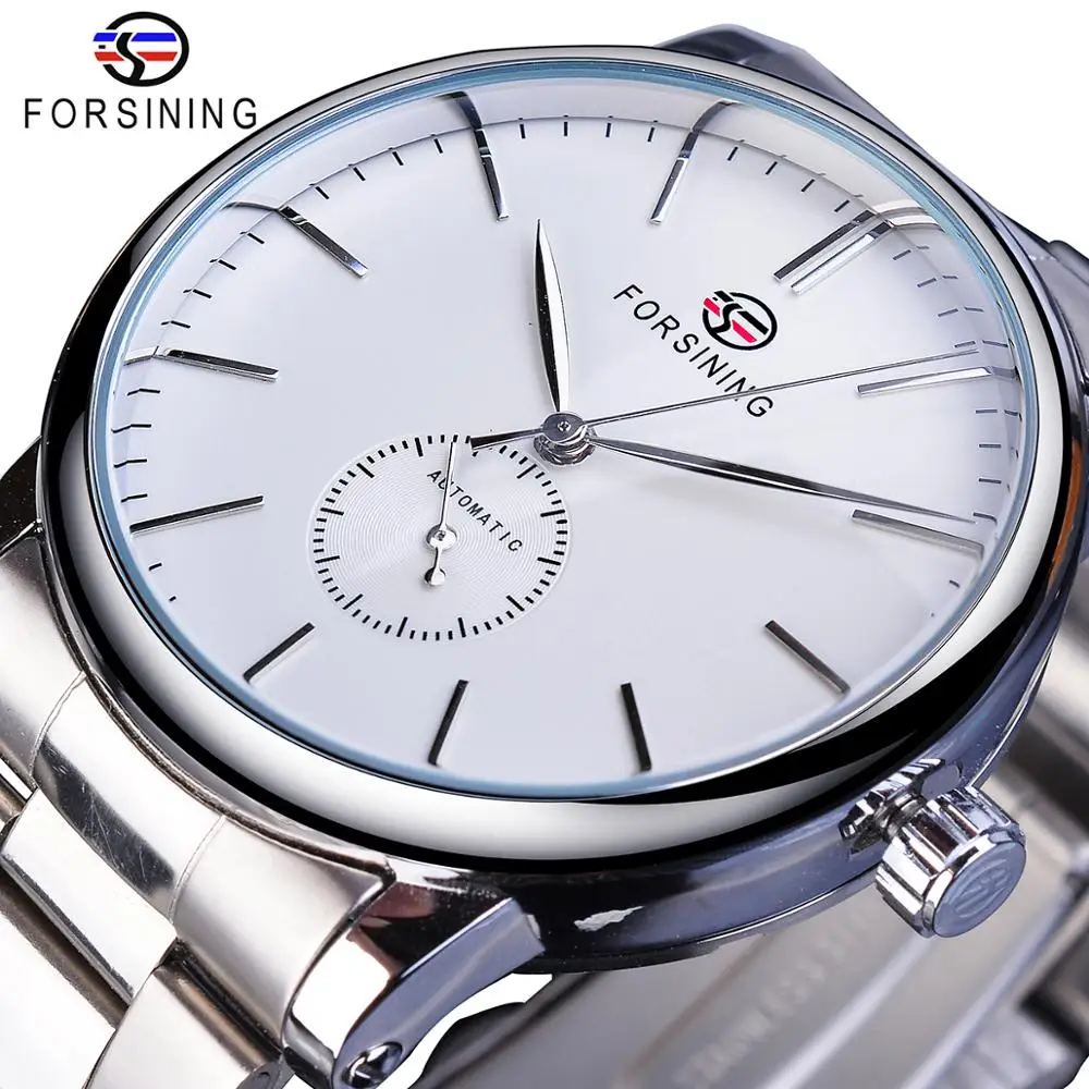 Forsining Mechanical Automatic Mens Watches Classic Man Watches Top Brand Luxury Silver Stainless Steel Business Fashion Clock