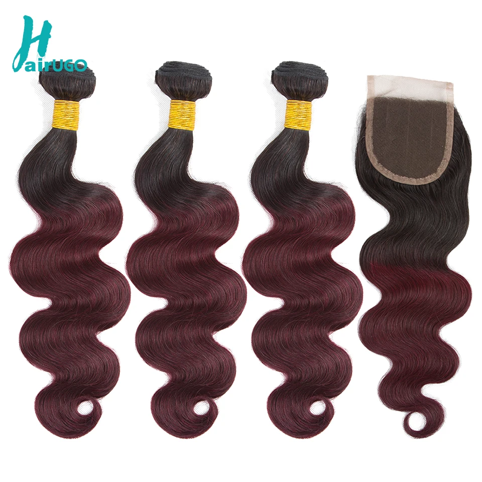 HairUGo Омбре перуанские волосы 4 пучка с закрытием предварительно цветные 1B/99J волнистые человеческие волосы пучки с закрытием не реми волосы