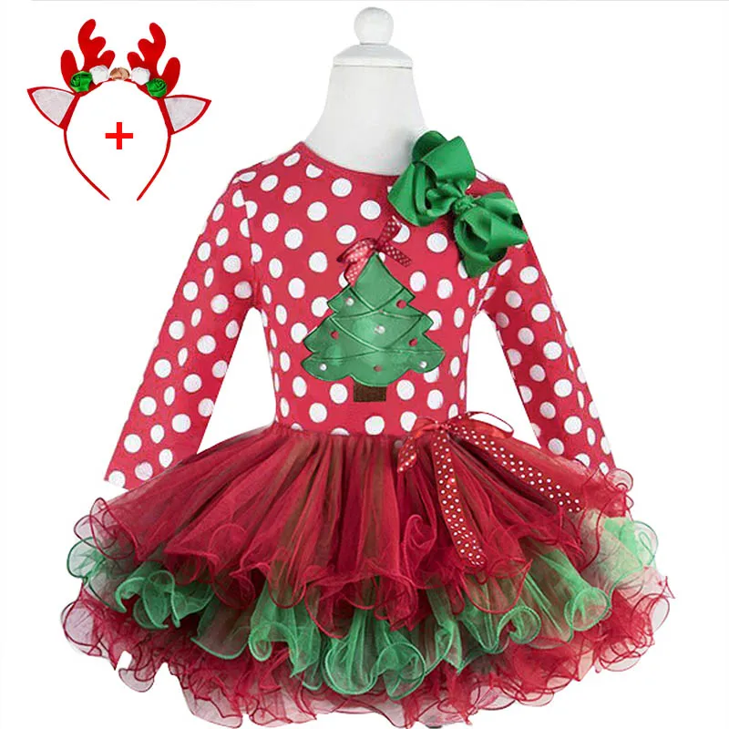 Green Polka Dot Christmas Dress Tutu Party Costume New Year Princess Winter Long Sleeves Children's Clothing | Детская одежда и
