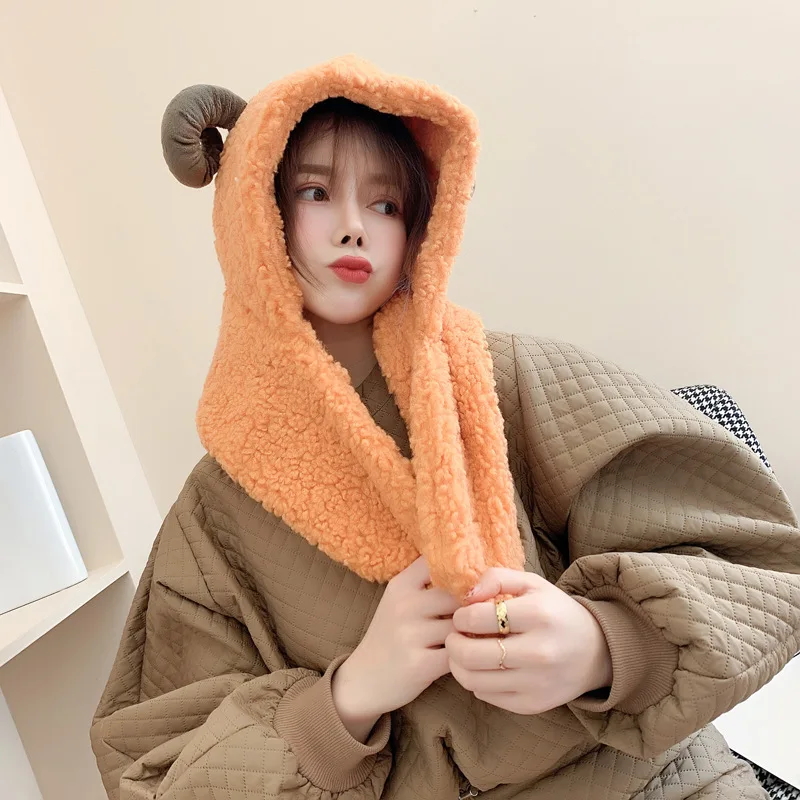 Kasure женская зимняя теплая плюшевая цельная шапка шарф с овечьими ушками меховая