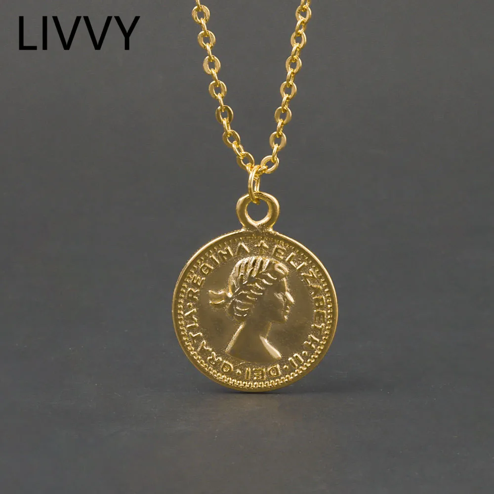 

LIVVY Fashion Silver Color Coin Round Pendant Necklace For Women Portrait Thick Chain Simple Choker Necklace Jewelry