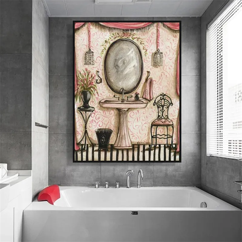 

Aesthetic Bathtub Posters and Prints European Vintage Pastoral Shabby Bathroom Toliet Canvas Wall Art Painting Decor Pictures