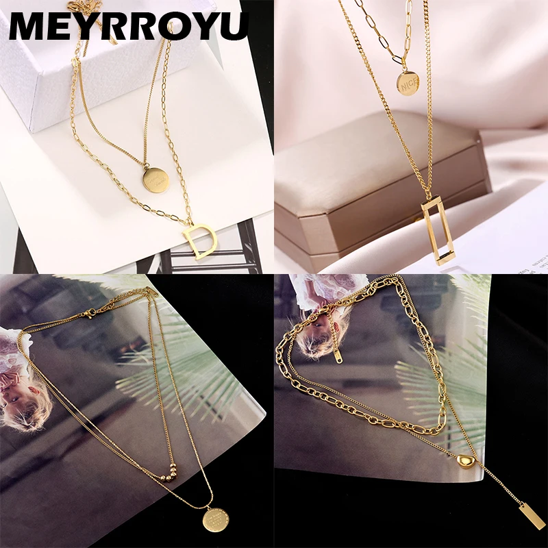 

MEYRROYU Stainless Steel New Punk Multi-Layer Pendant Necklace For Women Geometric Chain 2021 Trend Party Gift Fashion Jewelry