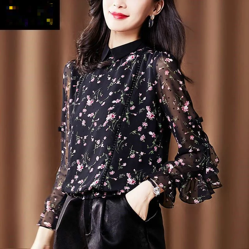 2021 New Spring Autumn Women Chic Floral Printed Soft Chiffon Patchwork Shirts Office Ladies Turn Down Collar Casual Blouse M141