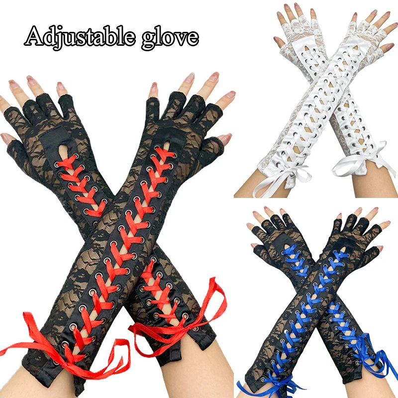 

Lace Long Gloves Winter Elbow Length Half-finger Gloves Ribbon Fingerless Fishnet Mesh Etiquette Party Gloves