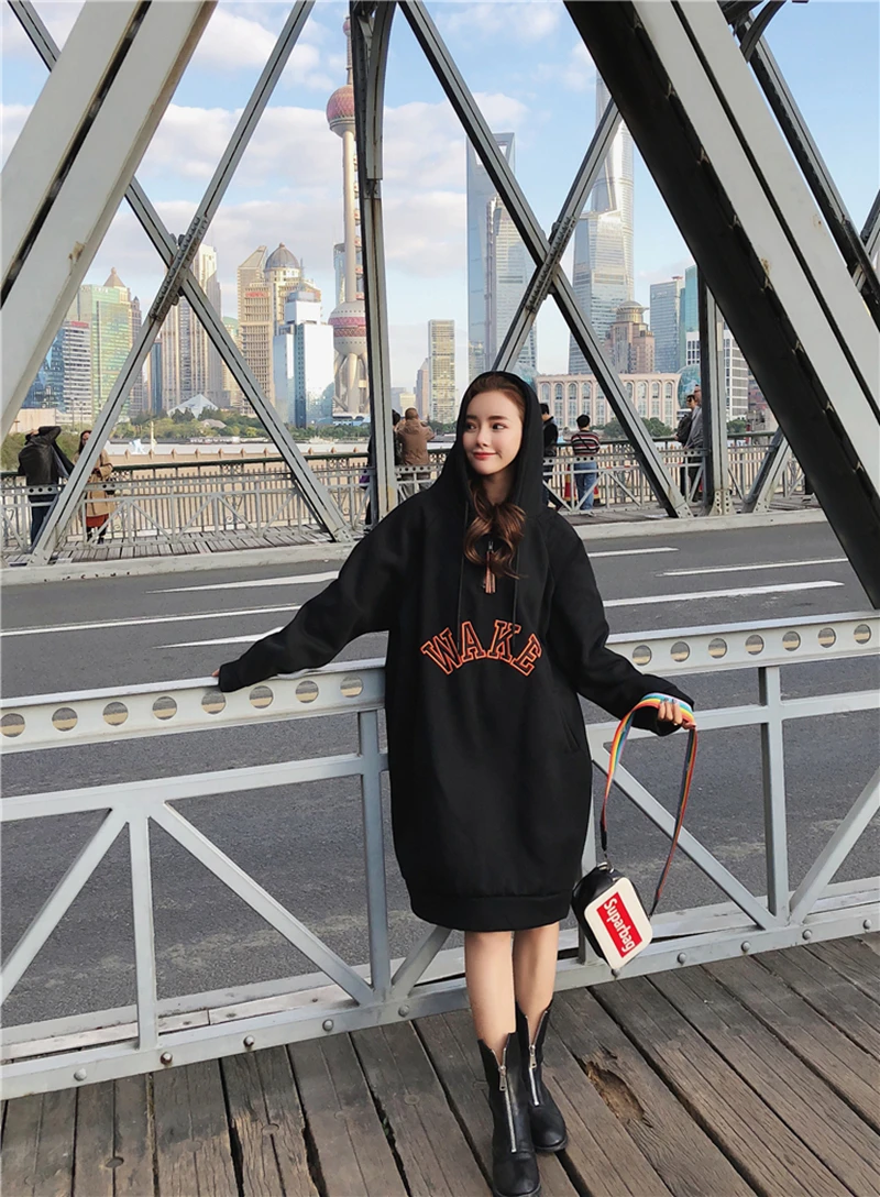 L-3XL New Fall Winter Women Letter Print Loose hoodies Dress Girl streetwear Trend Fashion Long Style Pullovers Sweatshirts