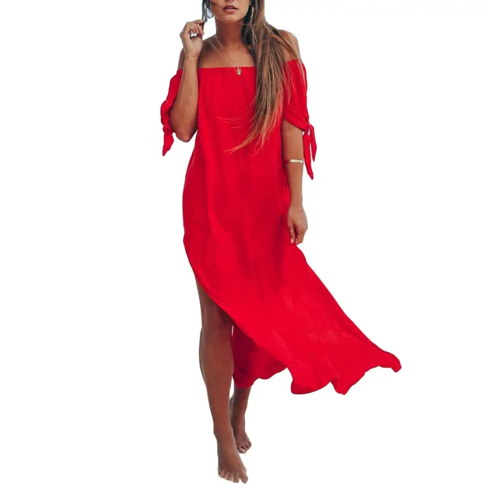 

Hot Dress 2020 Sexy Women Solid Color Off Shoulder Tied Cuff Side Slitting Chiffon Beach Long Dress Party Dress Vestidos