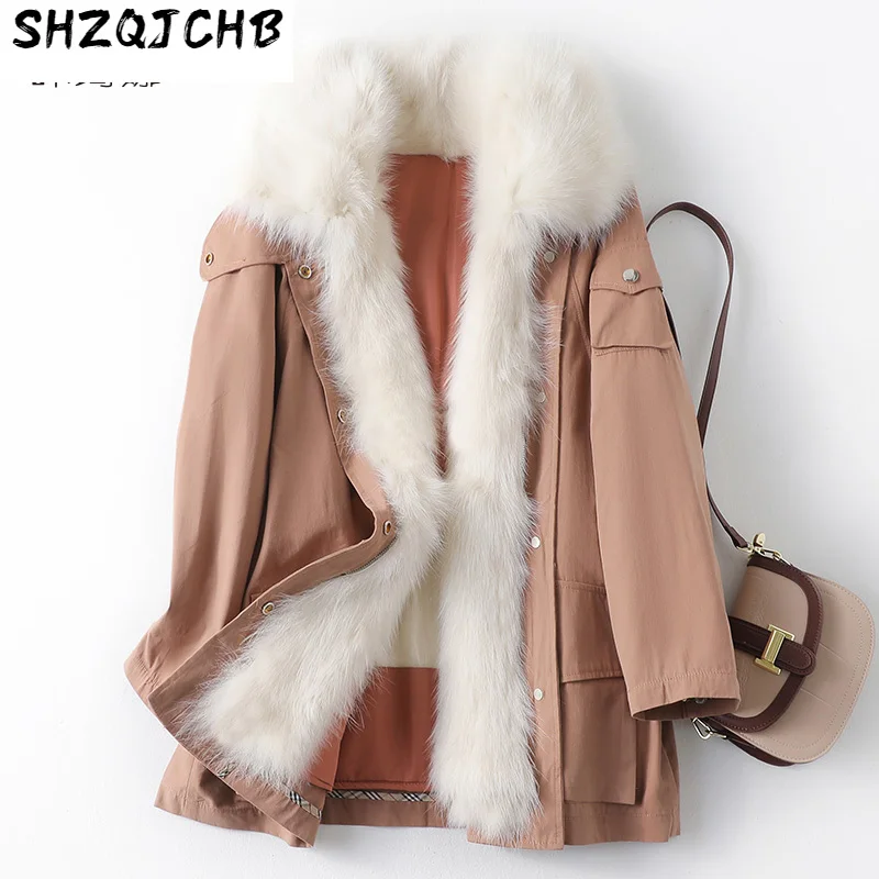 

SHZQ Winter New Women's Pie Overcome Fur Coat Fox Fur Collar Rabbit Hair Inner Bladder Fur