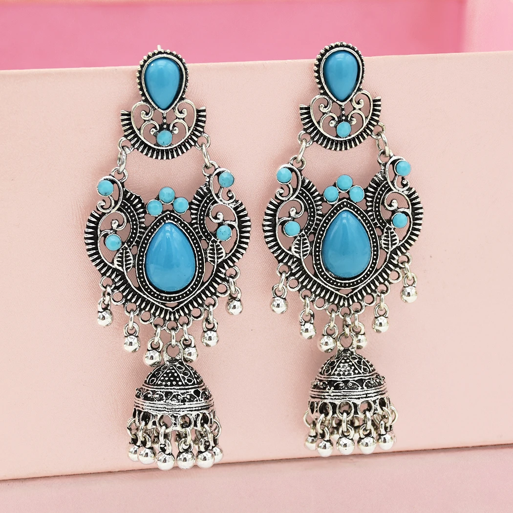 Большие винтажные серебряные серьги jhumka для женщин Boho синие Черные Каменные колокольчики кисточкой Висячие серьги Афган индийские массивные ювелирные изделия