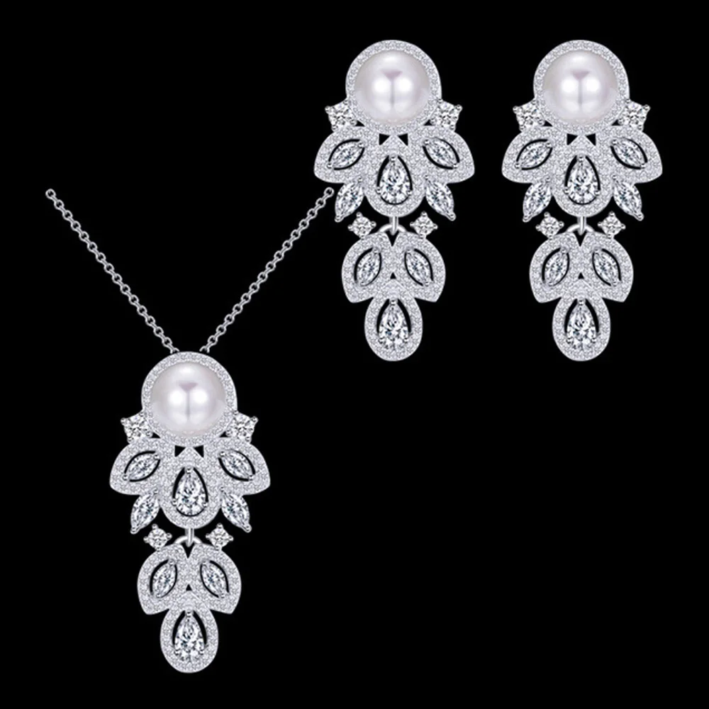 ThreeGraces, модные свадебные украшения, 925 пробы, серебро, кубический цирконий, жемчуг, CZ, серьги, ожерелье, набор для женщин, JS250 - Окраска металла: as photo