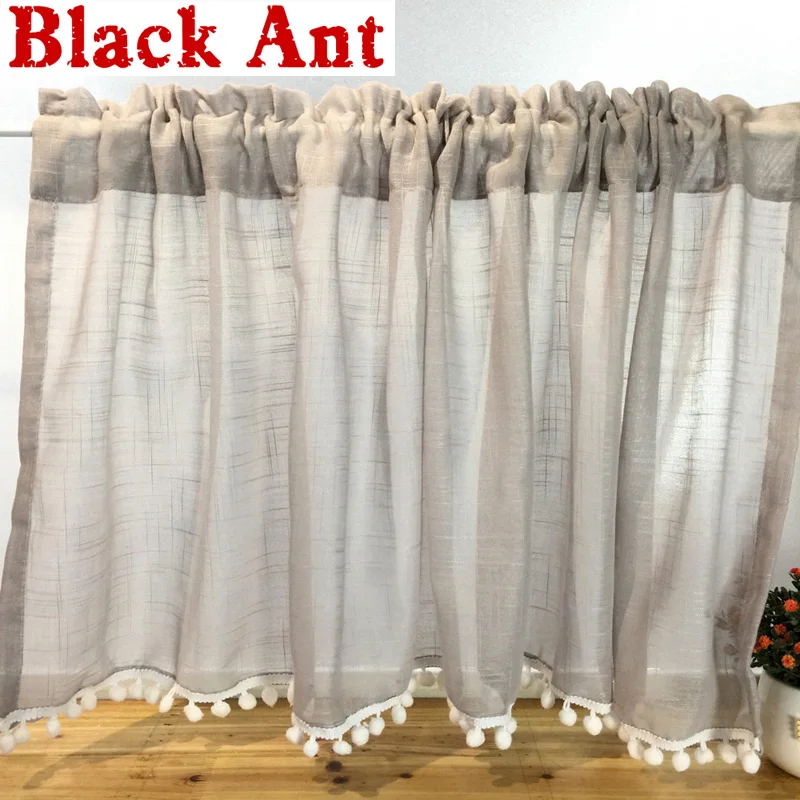 

Japanese Style Grey Short Curtain For Kitchen Cafe White Ball Design Cross Cotton Linen Yarn Small Window Dust Curtain DL-H016#3