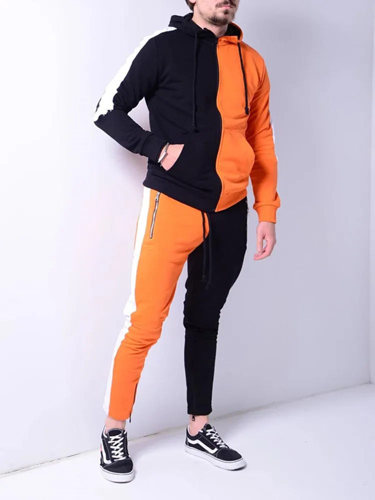 Men's Patchwork suits Outdoor training hooded coats casual sweatpants two-piece High quality Fitness brand clothing | Мужская одежда