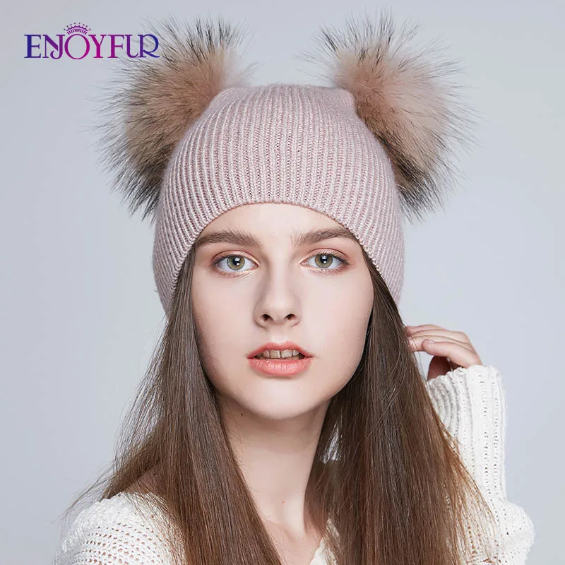 Женские шапки с двумя помпонами ENJOYFUR, мягкие теплые шапки с помпонами из натурального меха, для зимы