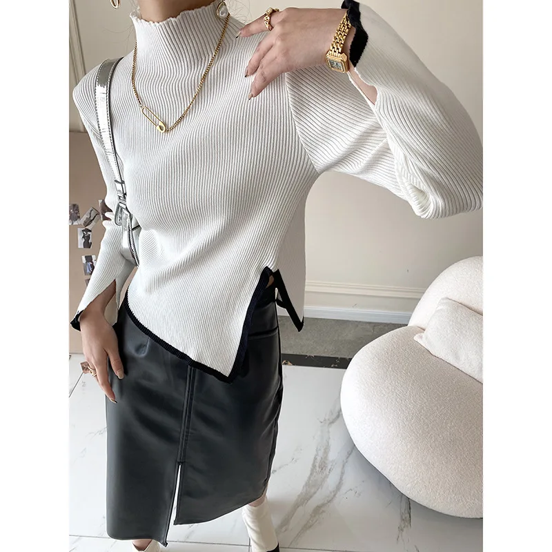 

Design Sense Irregular Color Contrast Half High Neck Slim Knit Women's Autumn and Winter New Style