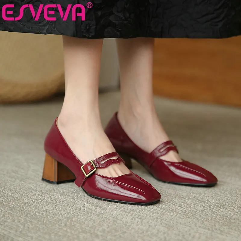 

ESVEVA/2021 г. Модные женские туфли-лодочки с квадратным носком Демисезонная женская обувь на высоком квадратном каблуке с пряжкой размеры 34-39