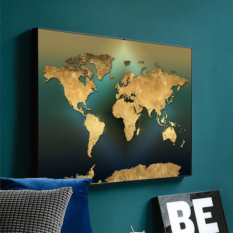 

Modern World Map Canvas Painting Nordic Golden Green Map Landscape Posters Prints Wall Art Picture for Living Room Home Decor