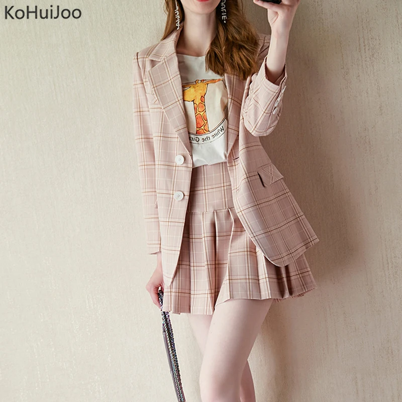 KoHuiJoo Женская юбка костюмы элегантный милый клетчатый блейзер с длинными