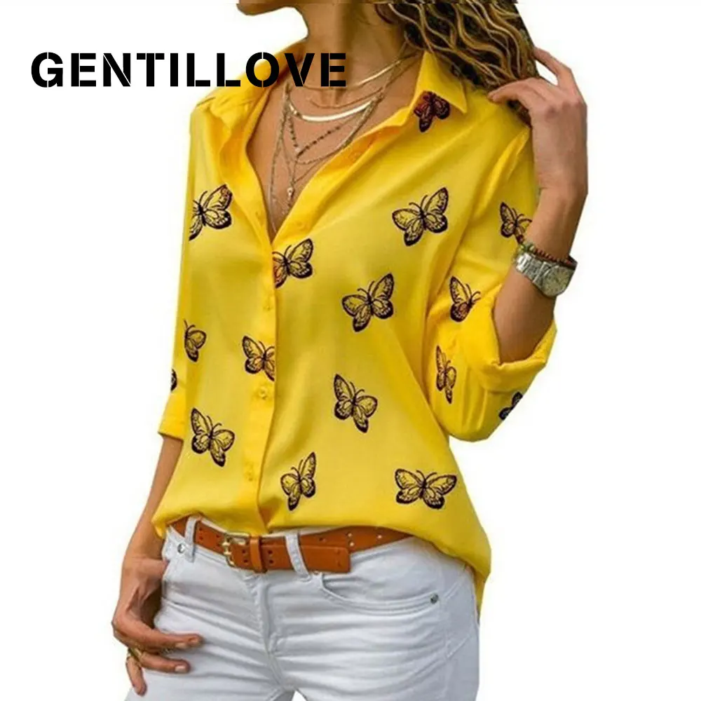 

Gentillove Women Long Sleeve Blouse Plus Size Spring Autumn Turn Down Collar Loose Office Lady Casual Butterfly Printing Basic