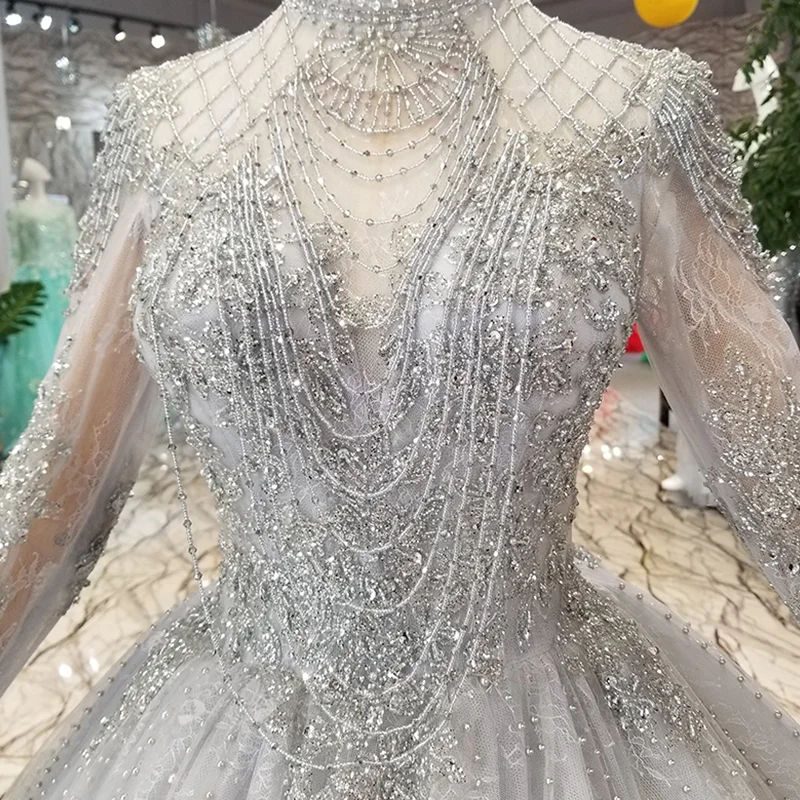 LS11026G high quality grey women occasion dress ball gown tassel beaded high neck tulle long sleeve shiny mother of bride  dress