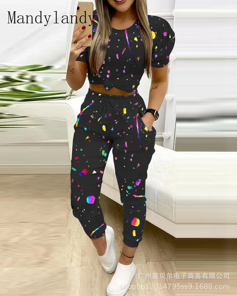 

Комплект женских брюк Mandylandy, летние короткие футболки, укороченный топ, наборы с принтом чернил, брюки, костюмы, костюм из 2 предметов, спорти...