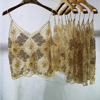 2021 sexy hollow out women lace camis bead work plus size women tanks tops bling bling gold sequins camis