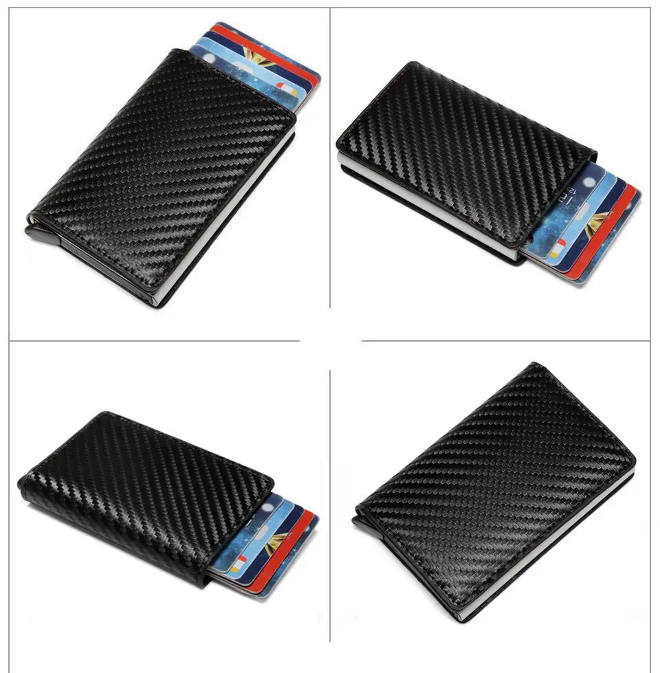 

Men Wallet Automatic Credit card holder Crazy Horse Leather Aluminum Mini Wallet With Back Pocket ID Card RFID Blocking