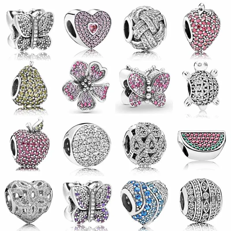 

Pave Butterfly Apple Watermelon Peach Blossom Romantic Heraldic Heart Beads 925 Silver Charm Fit Fashion Bracelet Diy Jewelry