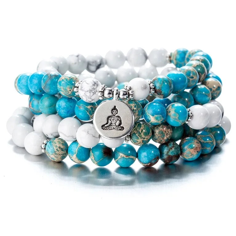 howlite buddha Женские 108 бусины, розовые камни, эластичные браслеты, Lotus OM, Будда, молитва, любовь, массивные ювелирные изделия - Окраска металла: howlite buddha