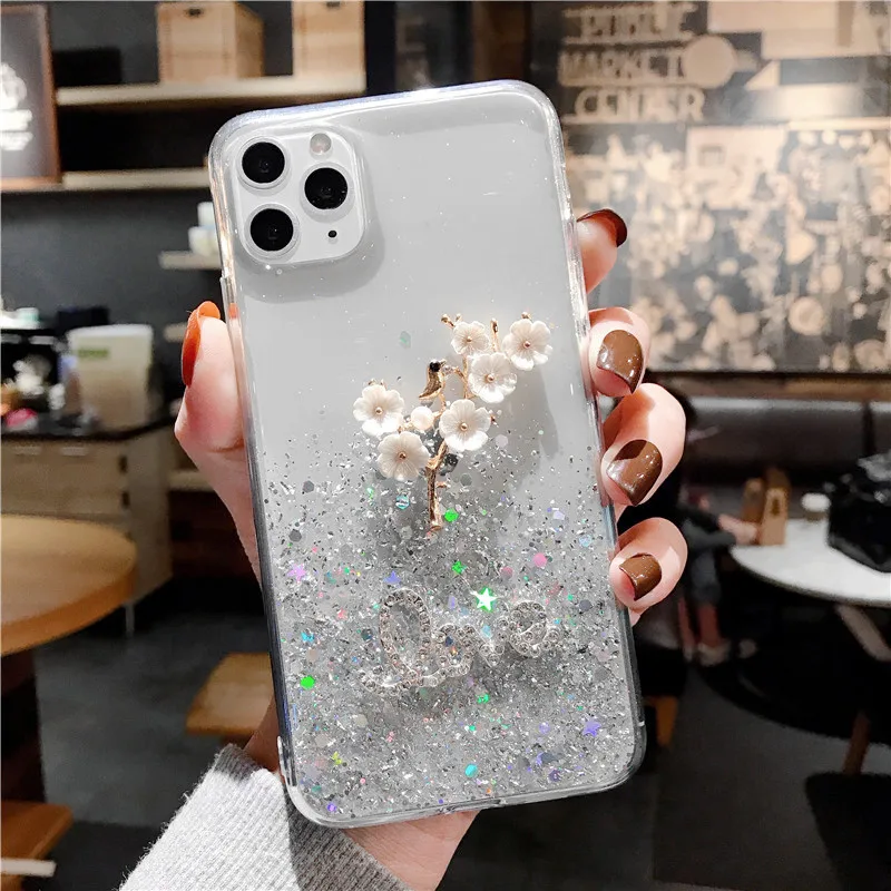 Блестящий силиконовый чехол со звездами для iPhone 11 Pro XS X XR Max блестящий прозрачный