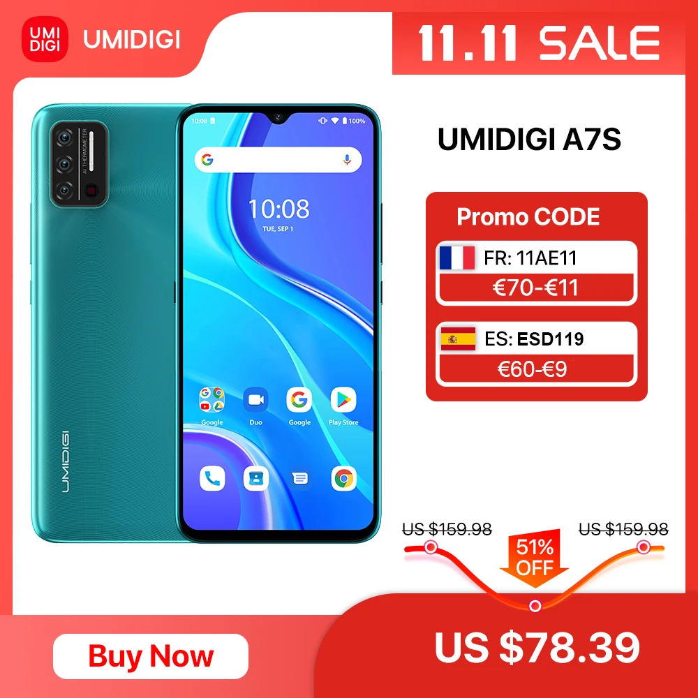[In Stock] UMIDIGI A7S Smart Phone 6.53" Screen 32GB 4150mAh Triple Camera Global Version Cellphone Infrared Temperature Sensor