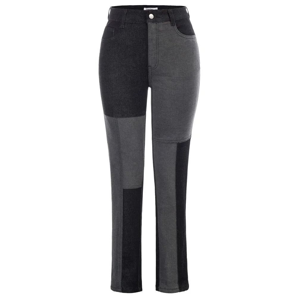 

Women's High Waist Stretch Contrast Color Jeans Retro Washed Fashion Sexy Elastic Slim Multi-Pocket Straight Leg Jean Pants