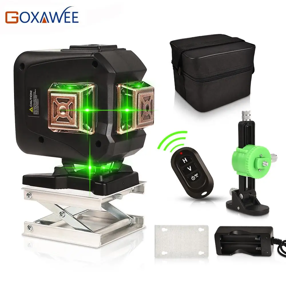 Зеленый лазерный уровень GOXAWEE 12 линий 3D самонивелирующийся перекрестные линии 360
