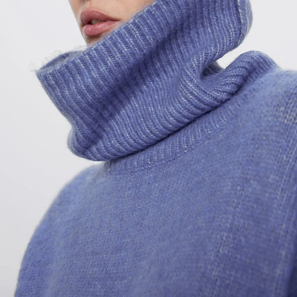 ZA 2019 Women's Sweater Loose High Collar Layered long Sleeve Pullover Blue Pink Gray Wild Outside | Женская одежда