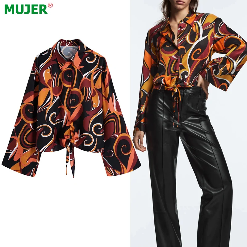 

Женская рубашка с принтом Za, винтажная блузка на пуговицах с воротником и длинным рукавом, топ с узлом, осень 2021