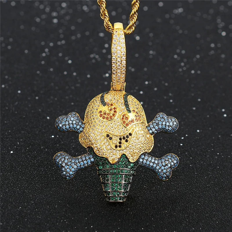 

New Iced Out Pirate Ice Cream Pendant Necklace Pave Bling Cubic Zircon Fashion Hip Hop Skull Jewelry With 24 Inches Chain