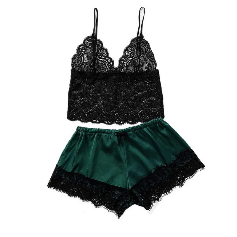 dark green WENYUJH, новинка, женская одежда для сна, сексуальное белье, сатин, кружево, v-образный вырез, камзол шорты, набор, одежда для сна, пижама, одежда для сна, Ночная одежда - Цвет: dark green