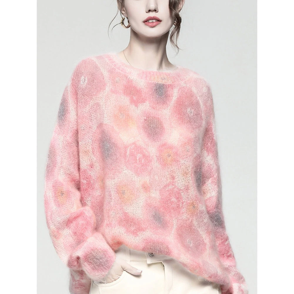 

Female Pullovers Women‘s Sweater Long Sleeve Gradient Pink Flower Mohair O-Neck Soft Coat Sweet Style Autumn Winter MTW600174