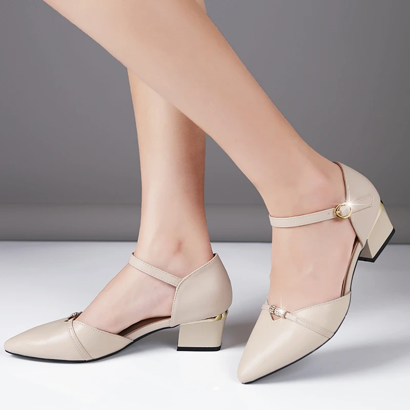

Rhinestone Genuine Leather Sandals Women Block Heels Leather Sandals Women Summer Shoes Pointed Toe Heels Fashion Kitten Heels