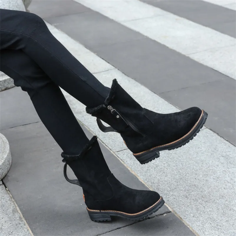 

Meotina Winter Snow Boots Women Boots Warm Plush Thick Heels Mid Calf Boots Zipper Round Toe Shoes Female Black Plus Size 34-43
