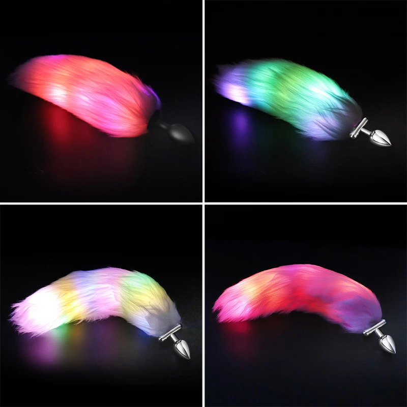 2 In 1 LED Light Luminous Fox Tail Anal Plug Metal/Silicone Bright Anal Plug With Diamond Base Cosplay Tail Slave Adult Games