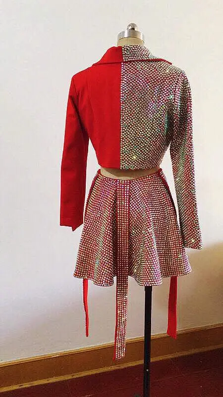 Sparkly AB Rhinestones Outfit Sexy Black Blazer Short Design Party 2 Pieces Set Dj Female Singer Nightclub Dance Skirt Costume | Дом и сад