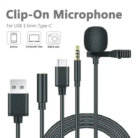 Мини-микрофон USB для ПК, ноутбуков, с лацканами типа C, с зажимом, микрофон для смартфона 3,5 мм, профессиональный микрофон для цифровой зеркаль...