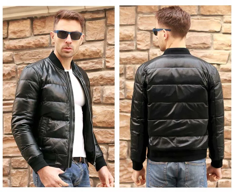 Italy fashion men's genuine sheepskin leather duck down coat male winter short motorcycle jacket black plus large big size 5xl | Мужская