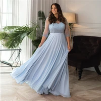 sky blue mother of bride dresses plus size 34 long sleeve pearls chiffon a line formal evening dress prom gowns for wedding